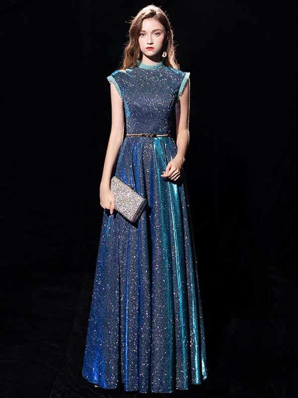 formal evening dress-Blue Evening Dress Ball Gown Jewel Neck Sequined Floor-Length Sash Formal Party Dresses