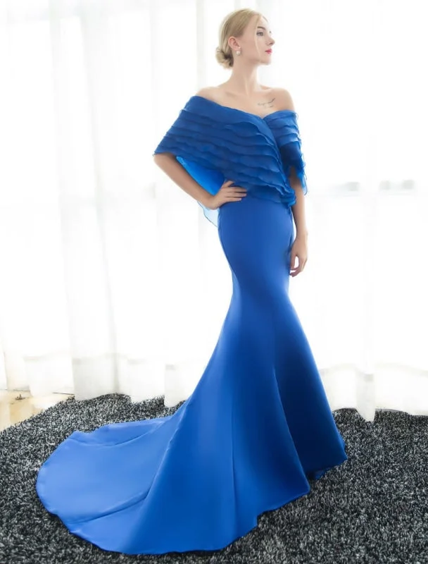 backless evening dress-Blue Evening Dresses Off Shoulder Mermaid Evening Gown Pleated Satin Formal Dress With Train Wedding Guest Dress