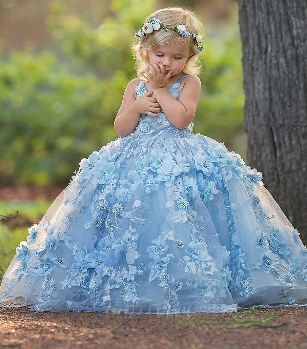 modern evening dress-Blue Flower Girl Dresses with 3D Flowers Birthday Gown