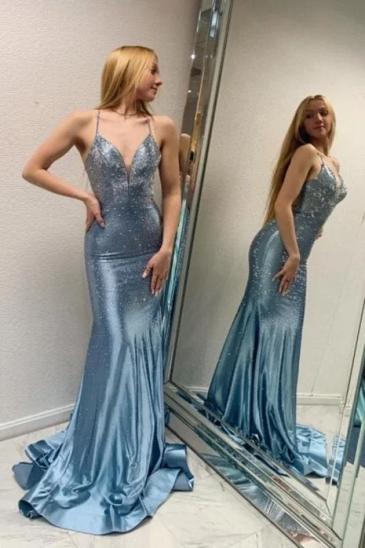 modern evening dress-Blue Long Mermaid Evening Dresses with Glitter Criss-cross Straps Prom Dresses