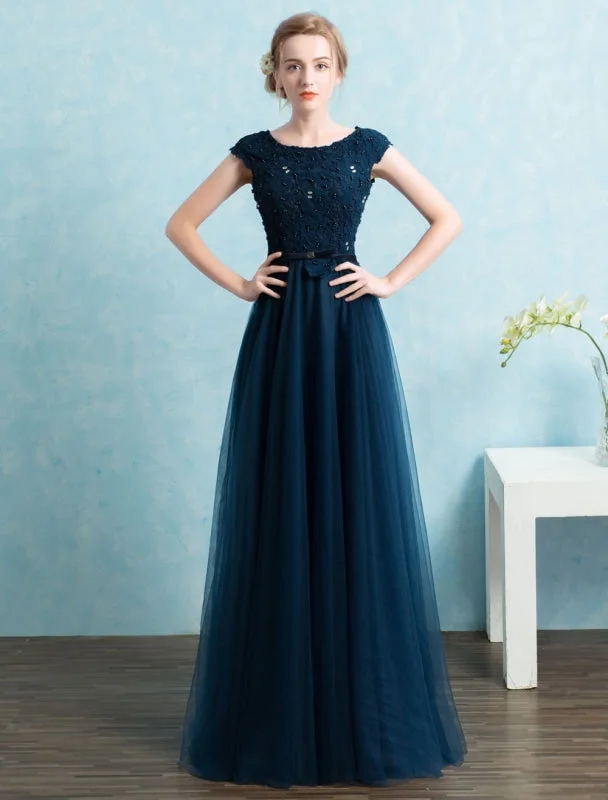 evening dress for weddings-Blue Prom Dress 2021 Long Tulle Beading Evening Dresses Dark Navy Backless Floor Length Party Dresses Wedding Guest Dress