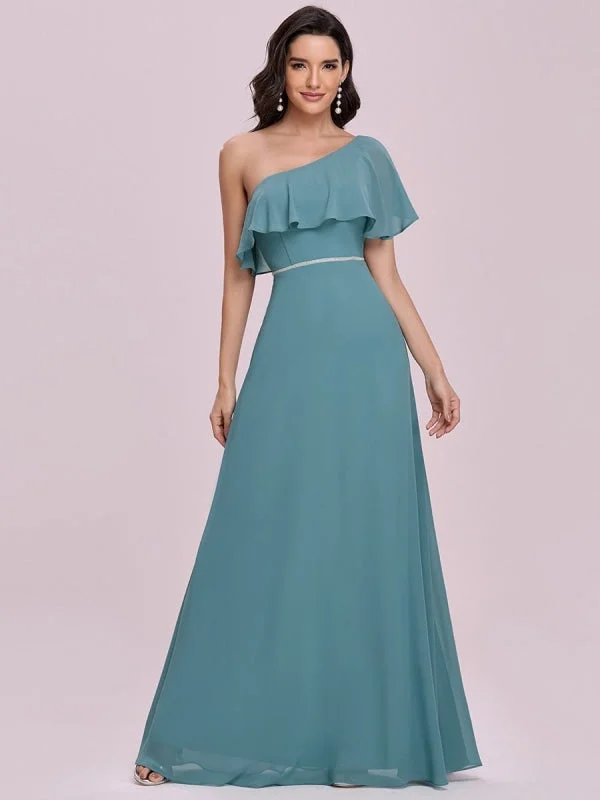 evening dress for parties-Blue Prom Dress A-Line One Shoulder Sleeveless Backless Ruffles Chiffon Evening Dresses