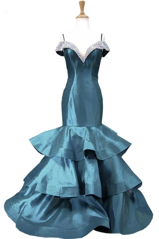 ball gown evening dress-Blue Satin V Neck Spaghetti Long Layered Mermaid Prom Dress