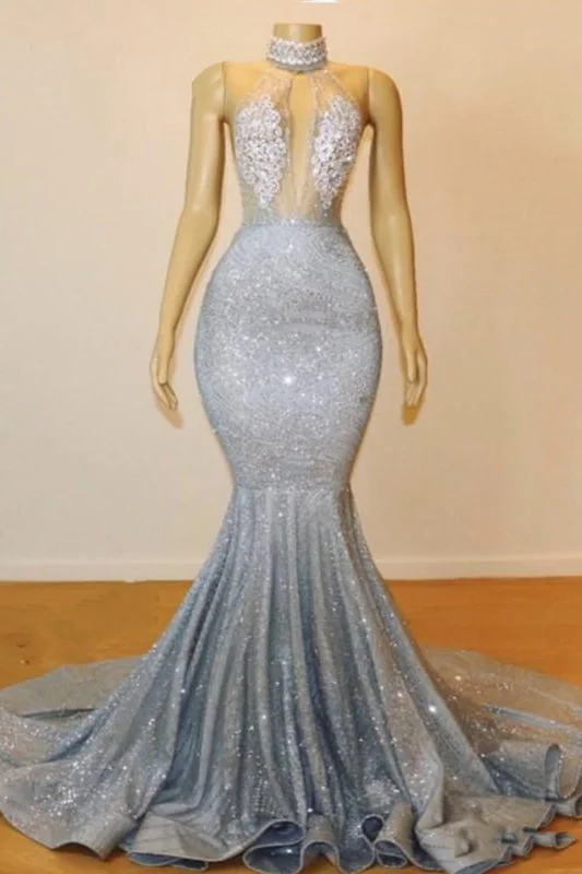 black evening dress-Blue Sequins Backless Long Mermaid Crystal Beaded Prom Dress