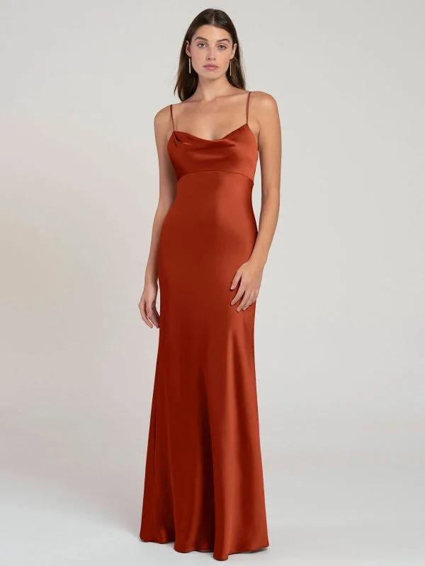 high neck evening dress-Brick Red Evening Dress Sleeveless Sheath Sweetheart Neck Satin Fabric Floor-Length Pleated Formal Party Dresses