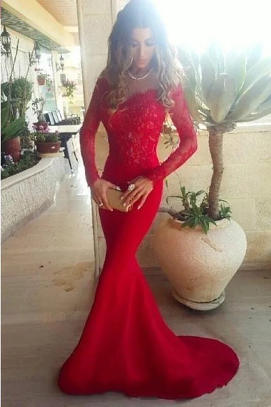 cocktail length evening dress-Bridelily 2019 Red Lace Mermaid Evening Gowns Long Sleeves Off the Shoulder Sexy Long Prom Dresses