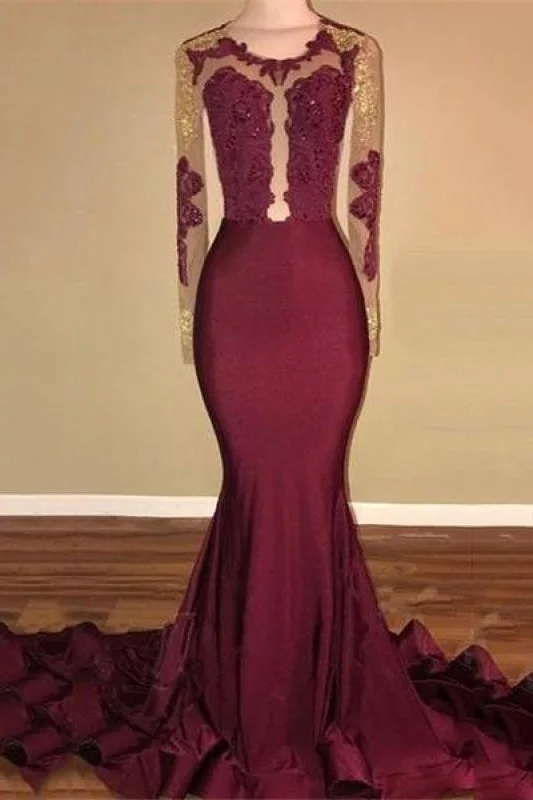 embroidered evening dress-Bridelily Amazing Burgundy Gold Prom Dresses | Sexy Open Back Mermaid Evening Gowns