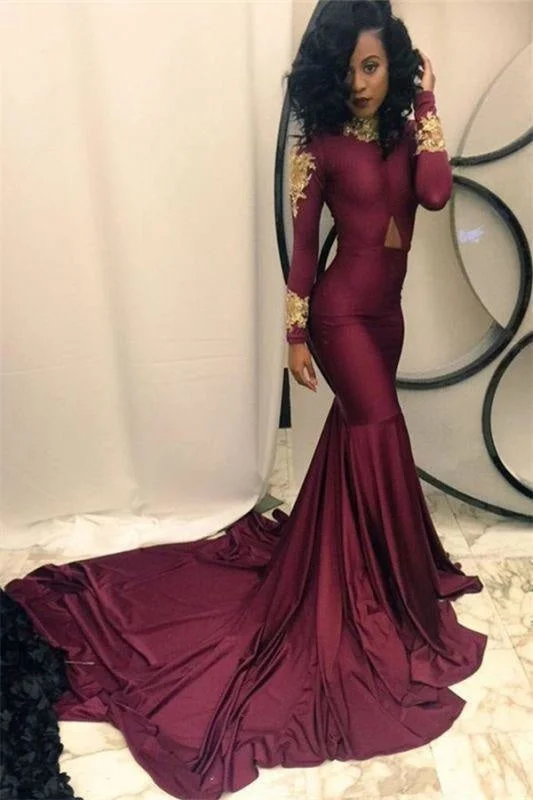 peplum evening dress-Bridelily Gold Appliques Burgundy Mermaid Evening Dress High Neck Long Sleeves 2019 Prom Dresses qq0103