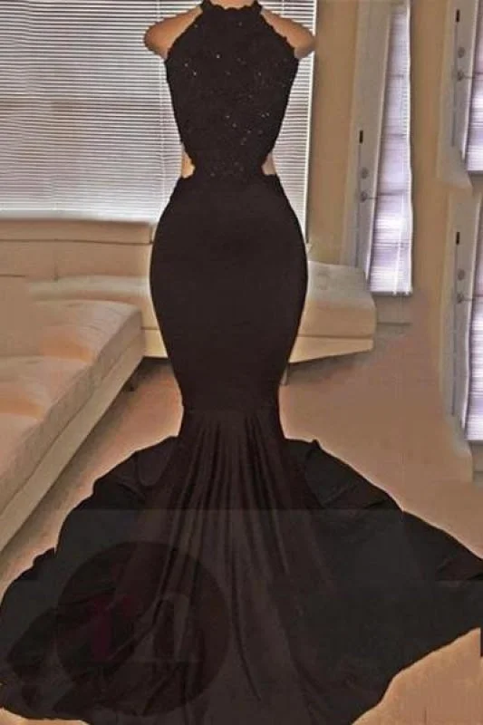 evening dress for weddings-Bridelily Backless Mermaid Lace Sleeveless Black Long Prom Dresses ly149