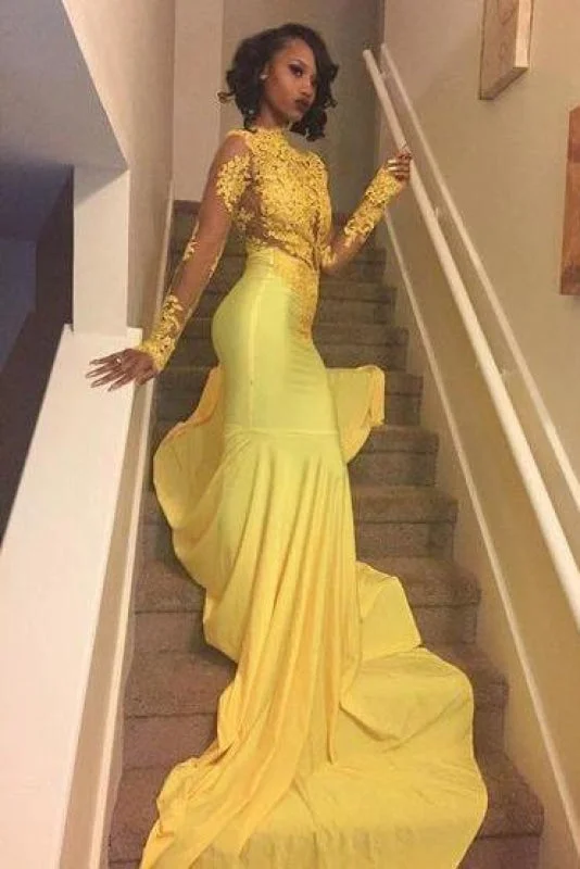 evening dress with beading-Bridelily Beautiful High-Neck Yellow Long-Sleeve Lace Appliques Mermaid Prom Dress