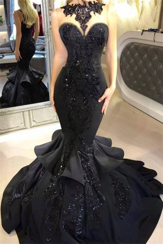 plus size evening dress-A| Bridelily Black Mermaid Beads Prom Dresses Appliques Evening Dresses