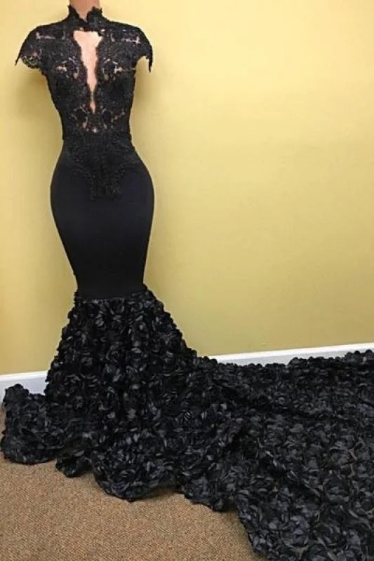 evening dress with embroidery-Bridelily Black Mermaid High V-Neck Flowers-Train Evening Gowns