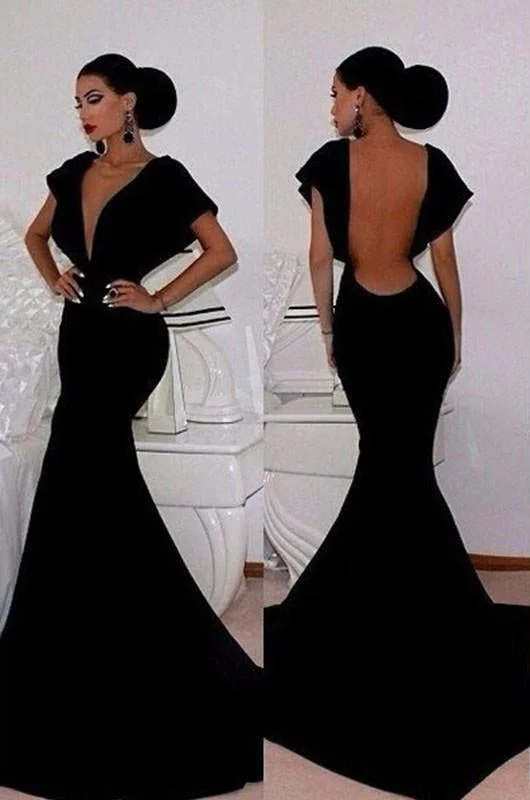 evening dress with illusion neckline-Bridelily Black Velvet Prom Dresses Short Sleeve Deep V-Neck Elegant Mermaid Evening Gowns 2019