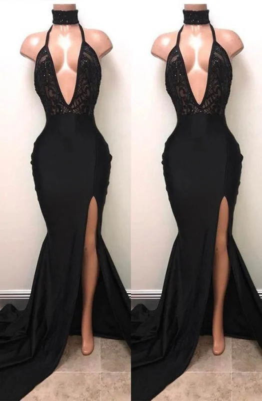 evening dress for parties-A| Bridelily Sexy Black Mermaid Prom Dress | 2019 V-Neck Evening Dress With Slit