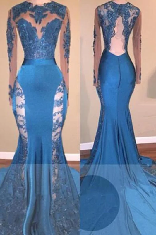 plus size evening gown-A| Bridelily Blue Long-Sleeve 2019 Prom Dress | Lace Mermaid Formal Dress