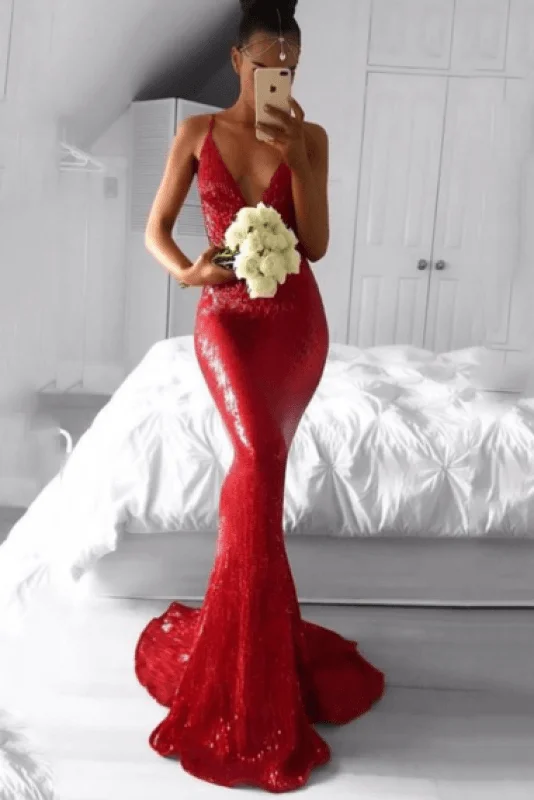 evening dress with train-Bridelily Deep V-neck Spaghetti Backless Sequins Floor-length Mermaid Prom Dresses