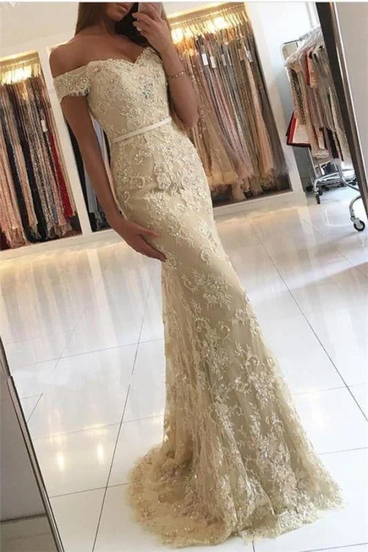 formal black evening dress-Bridelily Elegant 2019 Lace Mermaid Prom Dresses Off the Shoulder Beading with Belt