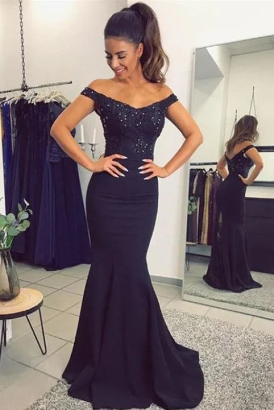 illusion sleeve evening dress-Bridelily Elegant Off-the-Shoulder Mermaid Lace Beadings Long Evening Dress