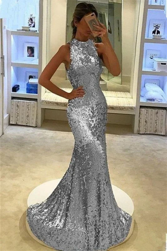 lace evening dress-Bridelily Elegant Sequins Sleeveless Mermaid Long Prom Dress