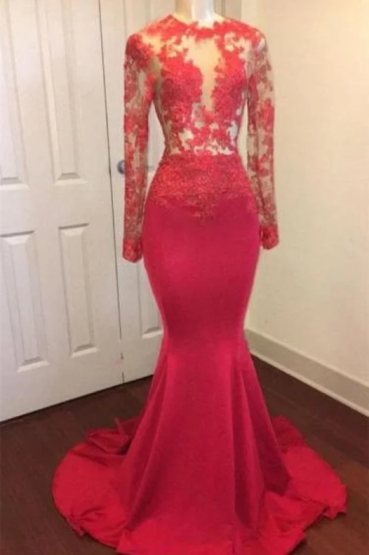 A-line evening dress-B| Bridelily Elegant Sheer Lace Long Sleeves Mermaid Prom Dresses