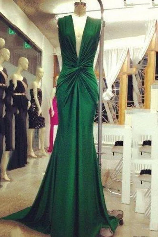 maxi evening dress-Bridelily Emerald Green Mermaid Evening Gowns 2019 Deep V Neck Ruched Sexy Long Prom Dresses