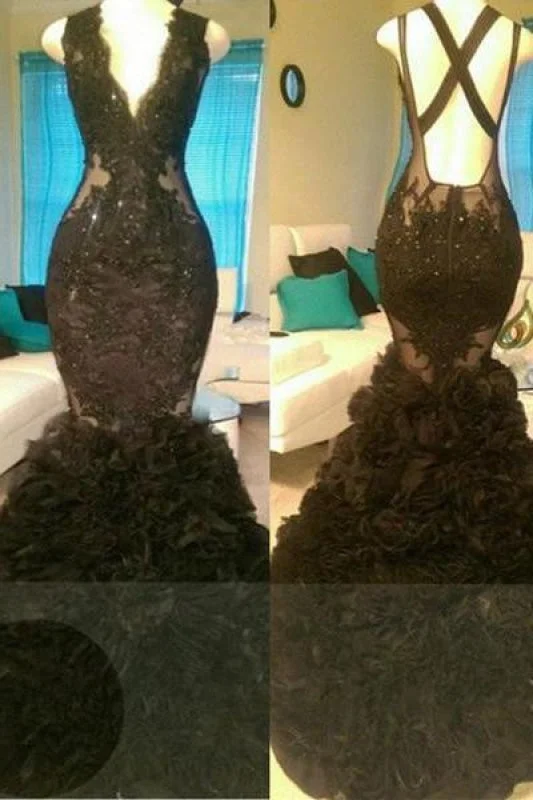 black evening dress-B| Bridelily Glamorous Mermaid V-Neck Tulle Appliques Open-Back Prom Dress