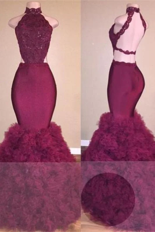 ball gown evening dress-B| Bridelily Glamorous Mermaid Lace Backless Burgundy Prom Dress