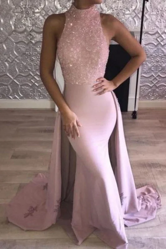 off-the-shoulder evening dress-Bridelily Glittering Pink Mermaid Prom Dresses | High Neck Evening Gown with Overskirt