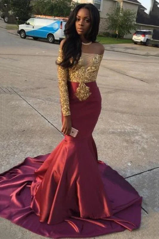 red evening dress-Bridelily Gold Lace Appliques Off The Shoulder Evening Gowns Long Sleeve Mermaid 2019 Prom Dress CE0071