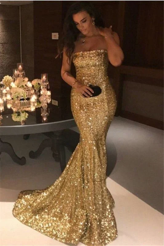 evening dress with open back-Bridelily Sparkle Gold Sequins Mermaid Evening Gowns Cheap Sexy Strapless Prom Dresses 2019 FB0164