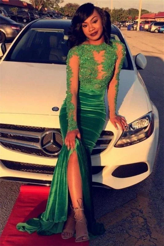 sequined evening dress-Bridelily Gorgeous Green Long-Sleeve Lace Appliques Split Mermaid Prom Dress