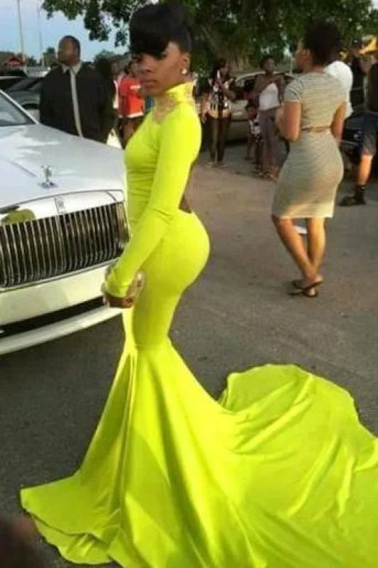 spaghetti strap evening dress-Bridelily Gorgeous Long Sleeve High-Neck Keyhole Prom Dresses 2019 Mermaid Yellow Long