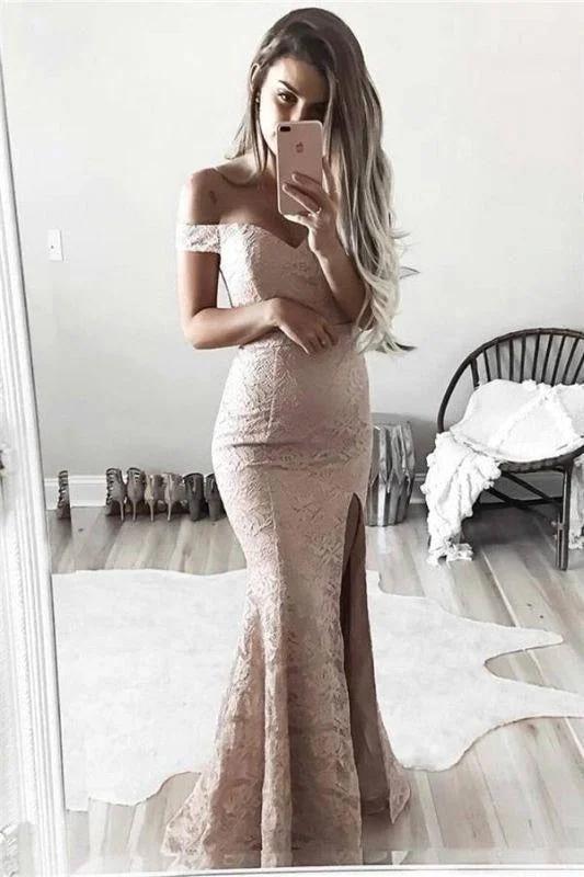 stylish evening dress-Bridelily Gorgeous Off-the-Shoulder Mermaid Lace Split Evening Dress