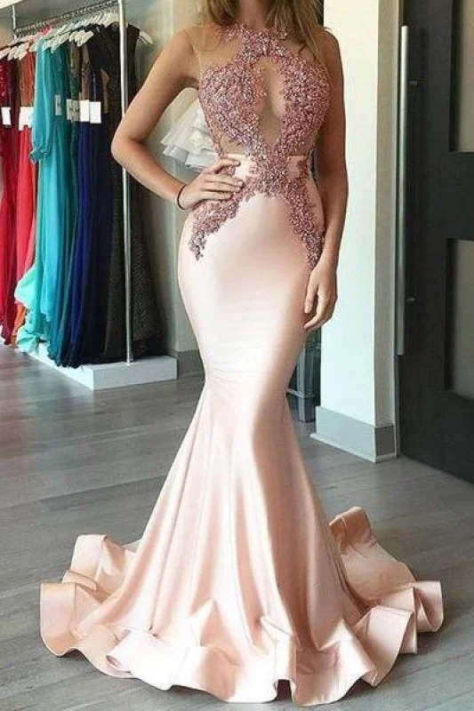 tulle evening dress-Bridelily Gorgeous Sleeveless Pink Appliques Mermaid Evening Dress PT003