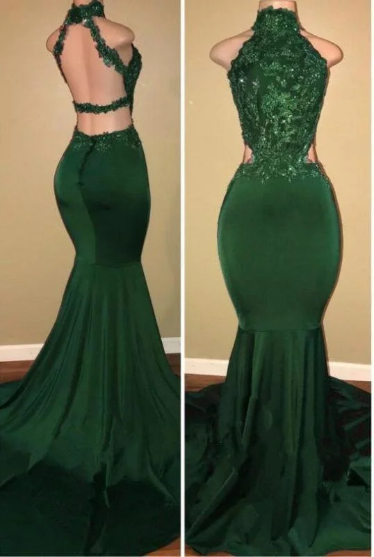 draped evening dress-B| Bridelily Lace Sleeveless High Neck Mermaid Prom Dress