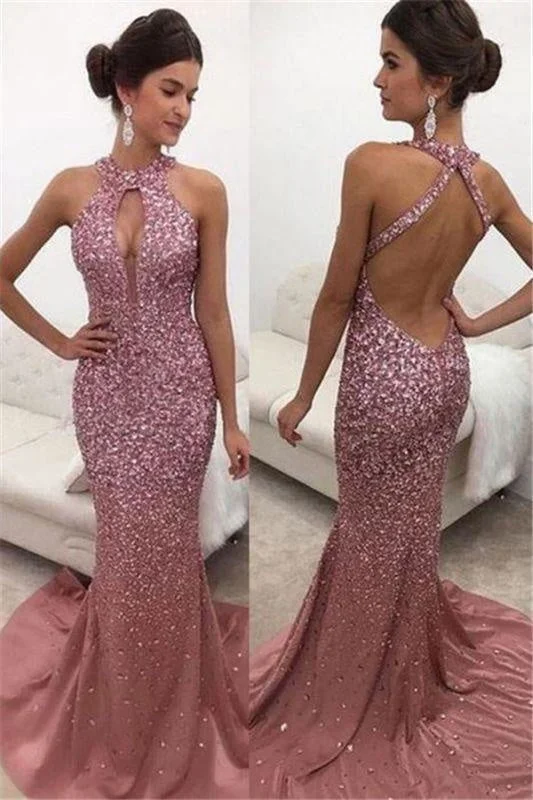 V-neck evening dress-Bridelily Halter Sleeveless Backless Sweep-train Sequins Mermaid Evening Dresses