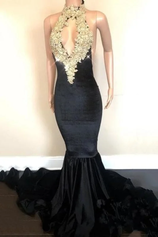 velvet evening gown-Bridelily Halter Backless Sparkling Sequins Prom Dresses | Mermaid Beads Appliques Sexy Evening Gowns FB0333-MQ0