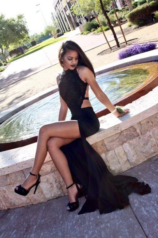 beaded evening dress-Bridelily High Neck Mermaid Black Cutaway-Sides Backless Side-Slit Sexy Prom Dresses