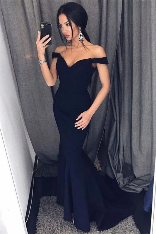 vintage-inspired evening dress-Bridelily Sexy Mermaid Evening Dresses Off-the-Shoulder V-Neck Long Prom Dresses