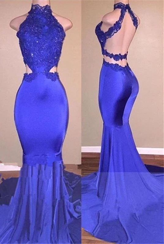 cocktail length evening dress-B| Bridelily Lace Appliques High Neck Mermaid 2020 Prom Dress