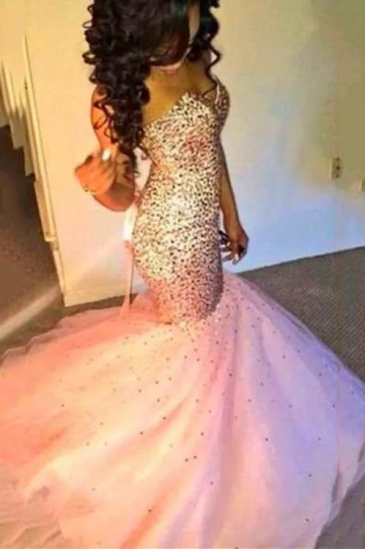 evening dress with sleeves-Bridelily Sweetherat Crystal Mermaid Lace-Up Evening Gown with Beadings Latstst 2019 Pink Prom Dress