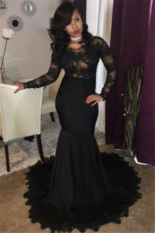 off-the-shoulder evening dress-Bridelily Sexy Black Lace Tulle Prom Dresses | Mermaid Long Sleeve Cheap Evening Gown 2019 FB0277