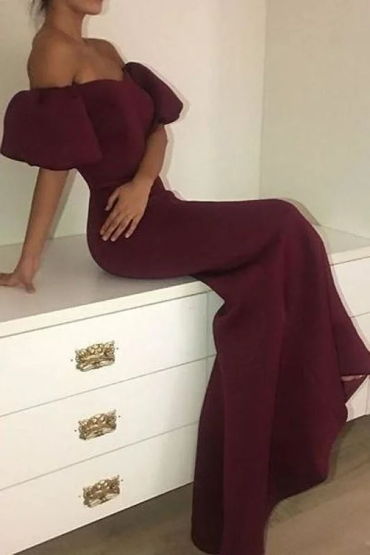 high neck evening dress-Bridelily Elegant Maroon Mermaid Prom Dresses | Short Puffy Sleeves Formal Dresses