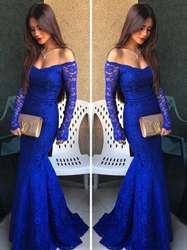 evening dress with mesh-Mermaid Lace Off-The-Shoulder Long Sleeves Floor-Length With Dresses