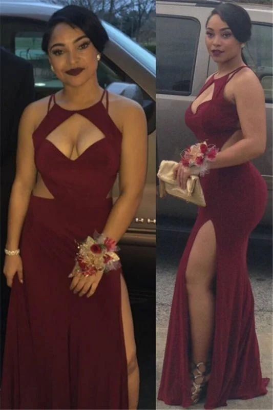 cocktail evening dress-Bridelily 2019 Burgundy Mermaid Prom Dresses Cutouts Side Slit Long Sexy Maroon Evening Gowns