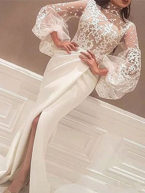 evening dress with train-Mermaid Long Sleeves High Neck Sweep/Brush Train Lace Satin Dresses