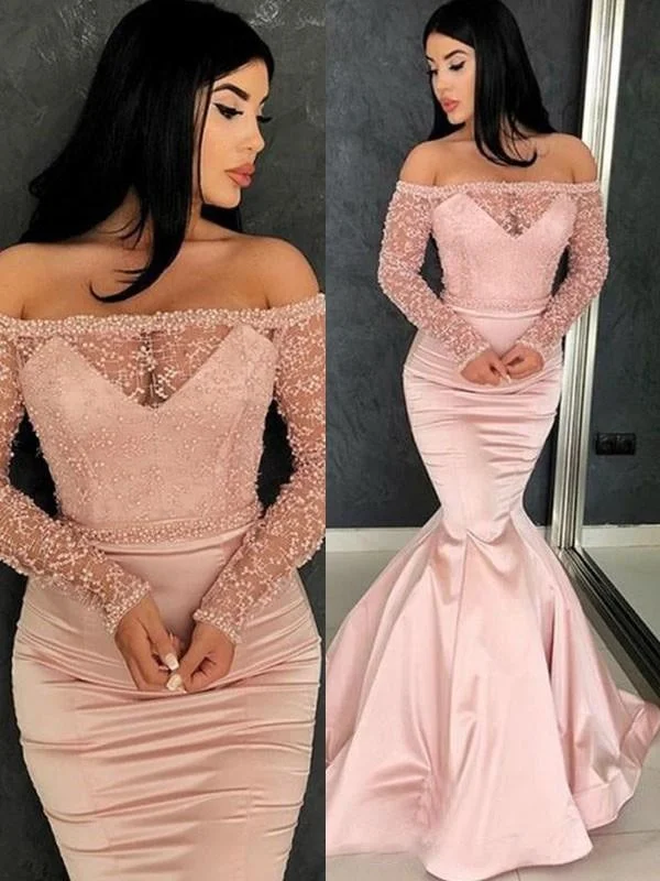 formal evening dress-Sleeves Off-The-Shoulder Sweep/Brush Train With Ruffles Satin Dresses