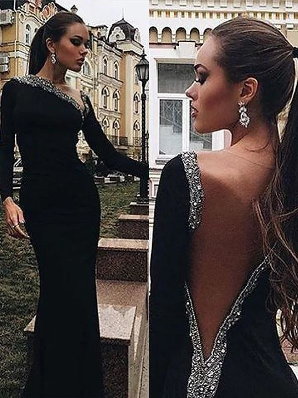 draped evening dress-Bridelily Mermaid Long Sleeves One-Shoulder Spandex With Beading Floor-Length Dresses