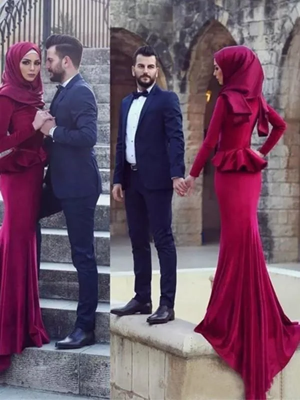 glittering evening gown-Sleeves Scoop Sweep/Brush Train With Ruffles Velvet Muslim Dresses