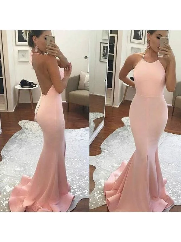 illusion sleeve evening dress-Mermaid Satin Halter Sleeveless Sweep/Brush Train With Ruffles Dresses